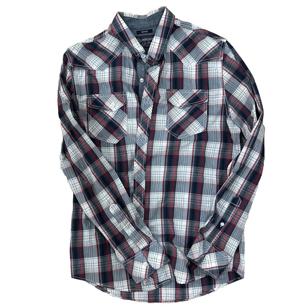 American Rag Mens Button Down Shirt Size M Plaid Red Blue Collared Long Sleeve